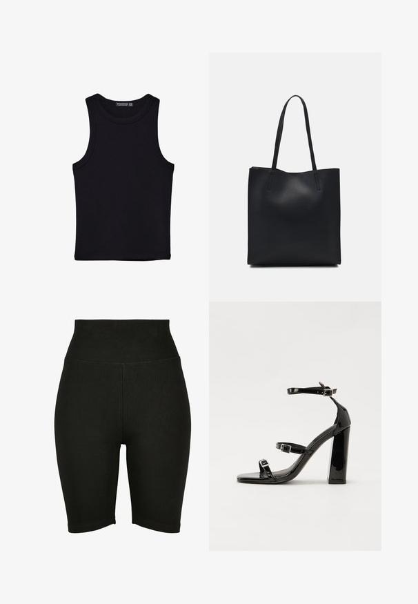 Crni top bez rukava od pamuka, s okruglim izrezom i širokim izrezima za ruke. Glatka tekstura s ušivenim rubovima. Klasičan, minimalistički dizajn.; Crne visoke biciklističke kratke hlače izrađene od rastezljivog materijala, s glatkom teksturom i šivenim rubom, dizajnirane za udobnost i lakoću kretanja.; Crne lakirane sandale na pete sa kvadratnim nosom, trakama oko gležnja i srebrnim kopčama. Imaju čvrst blok petu za stabilnost.; Crna kožna torba za nošenje s glatkom teksturom, pravokutnim oblikom i dvije duge ručke. Nema vidljivih metalnih dijelova ili ukrasa.
