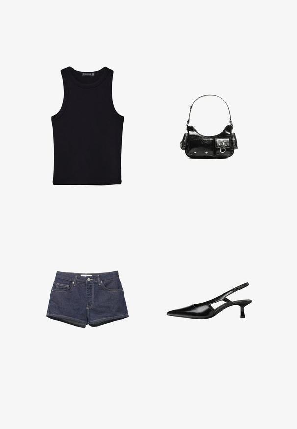 Svart linne i bomull, med rund halsringning och breda armhål. Slät yta med sydda fållar. Klassisk, minimalistisk design.; Mörka denimshorts med medelhög midja, fem fickor och upprullade fållar. Kontrastsydd framhäver sömmarna och knappstängningen.; Svart lackläder slingback-klackar med spetsig tå, utskuren sidor och en liten fyrkantig klack. Slät textur med minimala accenter.; Svart lackläderhandväska med en rundad form, en axelrem, framfickor och detaljer i silverfärg.