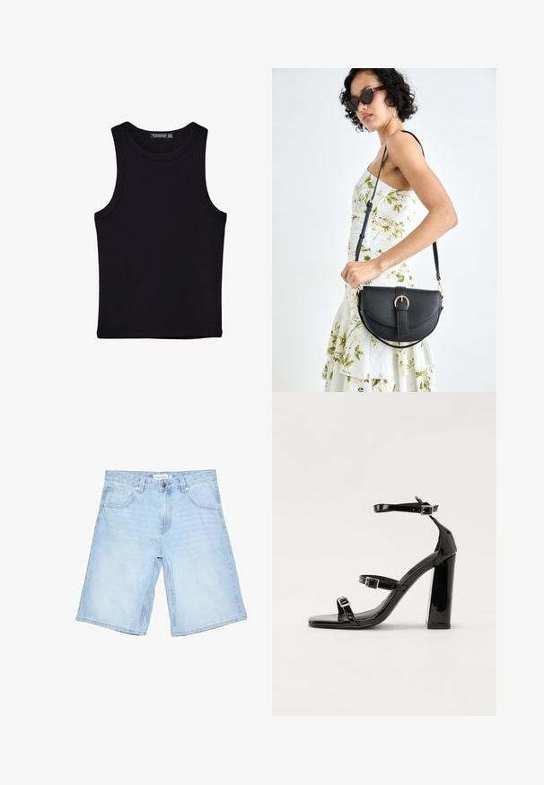 Czarny top na ramionczkach wykonany z bawełny, z okrągłym dekoltem i szerokimi wycięciami na ramionach. Gładka tekstura z przeszytymi brzegami. Klasyczny, minimalistyczny design.; Jasnoniebieskie dżinsowe szorty o luźnym kroju do kolan. Posiadają pięć kieszeni oraz zapięcie z przodu na guzik. Wykończenie obejmuje zszyte szwy.; Czarne lakierowane sandały na obcasie z kwadratowym noskiem, z paskami wokół kostki i srebrnymi klamrami. Posiadają masywny słupek dla stabilności.; Czarna skórzana torebka o zakrzywionym kształcie, z odpinanym paskiem i złotymi akcentami. Torebka posiada klapę z zapięciem w kształcie klamry.