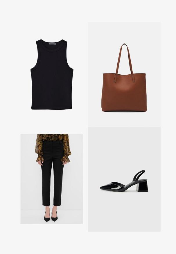 Czarny top na ramionczkach wykonany z bawełny, z okrągłym dekoltem i szerokimi wycięciami na ramionach. Gładka tekstura z przeszytymi brzegami. Klasyczny, minimalistyczny design.; Czarne dopasowane spodnie o prostych nogawkach, gładki materiał, średni stan oraz minimalistyczny design. Nie mają widocznych elementów metalowych ani wzorów.; Czarne lakierowane półbuty na obcasie z wydłużonym noskiem i geometrycznym słupkiem. Charakteryzują się eleganckim, minimalistycznym designem oraz gładką fakturą.; Brązowa skórzana torba tote o gładkiej fakturze, z otwartym wierzchem i dwoma ramiączkami. Charakteryzuje się minimalnym przeszyciem i brakiem widocznych elementów metalowych.