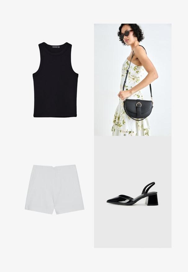 Canotta nera in cotone, caratterizzata da un colletto rotondo e ampi giromanica. Texture liscia con orli cuciti. Design classico e minimalista.; Pantaloni corti bianchi con un design su misura, parte anteriore piatta, due tasche laterali e orlo pulito. Realizzati in un tessuto liscio senza motivi visibili.; Décolleté in vernice nera con punta affusolata e tacco in geometria cubica. Presentano un design elegante e minimalista, con una texture liscia.; Borsa a tracolla nera in pelle con una forma curva, manico rimovibile e accessori dorati. La borsa presenta una patta con un dettaglio a fibbia.