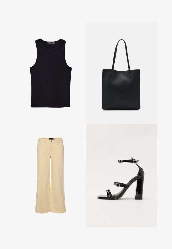 Sort tank top lavet af bomuld, med rund halsudskæring og brede armhuller. Glat tekstur med syede kanter. Klassisk, minimalistisk design.; Beige vide benbukser lavet af blanding af bomuld, med knaplukning, fem lommer og kontrasterende syninger langs sømmene.; Sorte laklædersandaler med høje hæle, to spænderemme, firkantet tå og en kraftig blokhæl, der har en glat, blank overflade.; Sort læder tote taske med glat tekstur, rektangulær form og to lange hanke. Ingen synlig hardware eller udsmykninger.