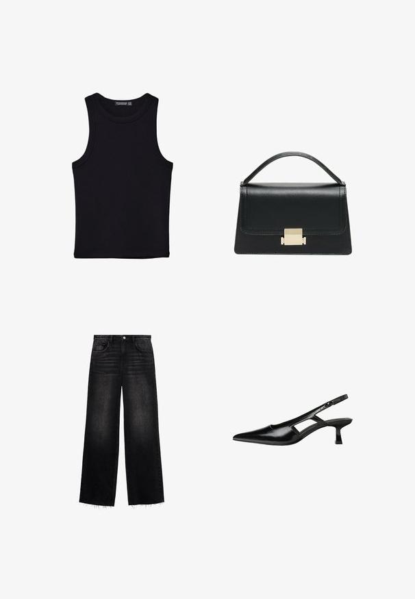 Crni top bez rukava od pamuka, s okruglim izrezom i širokim izrezima za ruke. Glatka tekstura s ušivenim rubovima. Klasičan, minimalistički dizajn.; Crne široke traperice izrađene od denima. Imaju visoki struk, dizajn s pet džepova i istrošeni rub s blagim efektom izbjeljivanja. Redoviti kroj.; Crne lakirane natikače na remenčić sa špicastim nosom, dizajnom sa izrezima sa strane i malim kvadratnim potplatom. Glatka tekstura s minimalnim akcentima.; Crna kožna torba s strukturiranim dizajnom, gornjom drškom i zlatnim metalnim kopčanjem na prednjoj strani. Glatka tekstura, minimalno šivanje.