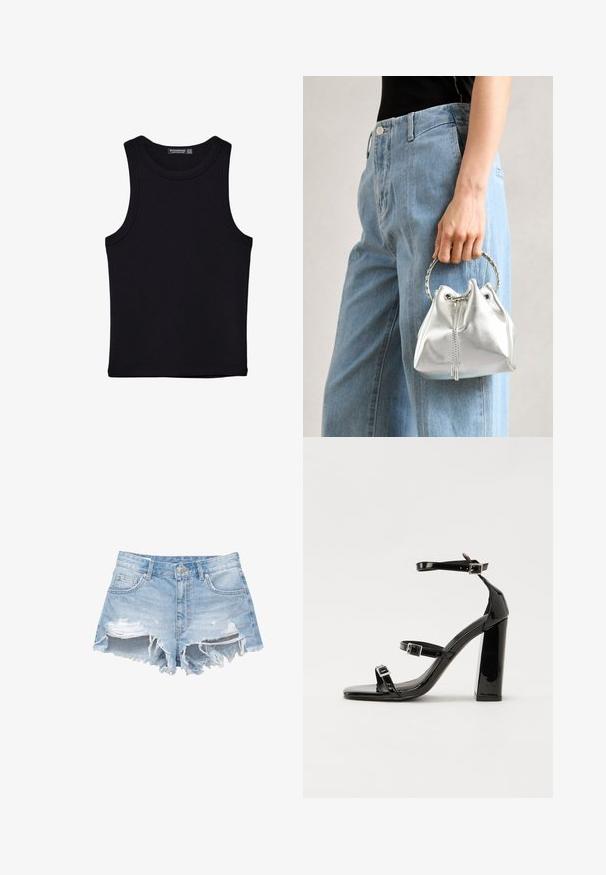 Črna majica brez rokavov iz bombaža, z okroglim izrezom in širokimi odprtinami za roke. Gladka tekstura s šivi na robovih. Klasičen, minimalističen dizajn.; Svetlo modri denim kratki hlače z unikatnim posvetljenjem, raztrganimi robovi in petimi žepi. Imajo gumb in zanke za pas.; Črne lakaste sandale z visokimi petami, z dvema trakovoma z zaponkama, kvadratnim sprednjim delom in masivno širšo peto, z gladko, sijočo teksturo.; Metalna srebrna torba na ramenu z zrnato površino, okrašena s srebrnim okroglim ročajem in zapiranjem na vrvico, držana ob svetlo modrih džinsih.