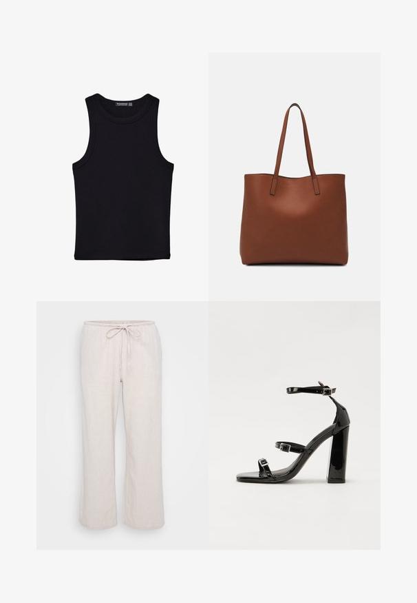 Črna majica brez rokavov iz bombaža, z okroglim izrezom in širokimi odprtinami za roke. Gladka tekstura s šivi na robovih. Klasičen, minimalističen dizajn.; Svetlo bež, lahki hlače iz tkanine z elastičnim pasom in vrvico. Ohlapen, širok kroj z subtilnim teksturiranim vzorcem.; Črne lakaste sandale z visokimi petami, z dvema trakovoma z zaponkama, kvadratnim sprednjim delom in masivno širšo peto, z gladko, sijočo teksturo.; Rjava usnjena torba z gladko teksturo, odprto zasnovo zgoraj in dvema naramnima trakovoma. Opremljena je z minimalnim šivanjem in brez vidnih kovinskih delov.
