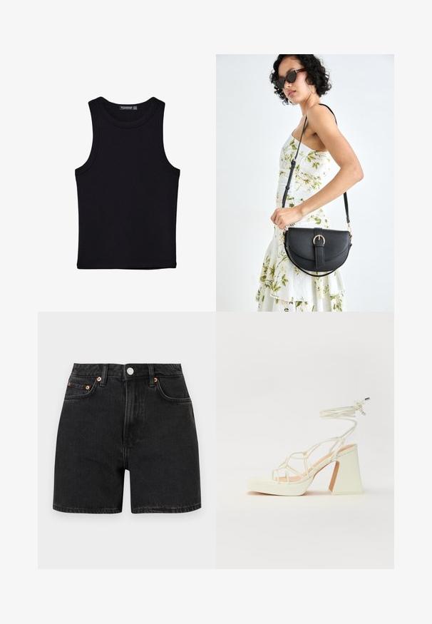 Schwarzes Tanktop aus Baumwolle mit rundem Halsausschnitt und weiten Armöffnungen. Glatte Textur mit genähten Säumen. Klassisches, minimalistisches Design.; Schwarze Denim-Shorts mit hoher Taille, ausgestattet mit kupferfarbenen Knopf-Akzenten und einem Fünf-Taschen-Design. Glatte Textur, gerader Schnitt und umgeschlagene Säume.; Weiße High-Heel-Sandale mit einem klobigen Absatz, die über ein Riemchendesign und ein Knöchelband verfügt. Glatte Textur mit einer Plattform vorne für zusätzliche Höhe.; Schwarze Lederhandtasche mit geschwungener Form, abnehmbarem Tragegurt und goldenen Beschlägen. Die Tasche verfügt über einen Deckel mit einer Schnallen-Details.