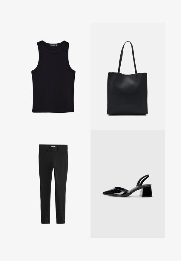 Sort tank top lavet af bomuld, med rund halsudskæring og brede armhuller. Glat tekstur med syede kanter. Klassisk, minimalistisk design.; Sorte leggings lavet af strækstof med en tætsiddende design. Har en klassisk talje og forlommer, glat overflade og ingen mønstre.; Sorte patentlæder slingback hæle med spids tå og en geometrisk blok hæl. Har et elegant, minimalistisk design og en glat tekstur.; Sort læder tote taske med glat tekstur, rektangulær form og to lange hanke. Ingen synlig hardware eller udsmykninger.