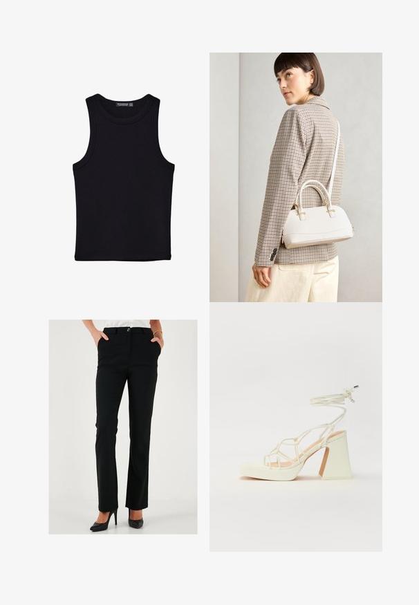 Černý top na ramínka vyrobený z bavlny, s kulatým výstřihem a širokými průramky. Hladká textura s prošitými lemy. Klasický, minimalistický design.; Černé elegantní kalhoty se střihem rovného nohavice, s knoflíkovým zapínáním a bočními kapsami, vyrobené z hladkého materiálu.; Bílé sandály na vysokém podpatku s robustním podpatkem, s designem s pásky a zavazováním kolem kotníku. Hladký povrch s platformou vpředu pro zvýšení výšky.; Bílá strukturovaná kabelka s krátkými uchy a ramenním popruhem, zdobená zlatými kovovými prvky a texturovaným materiálem, vystavená na šedém pozadí.