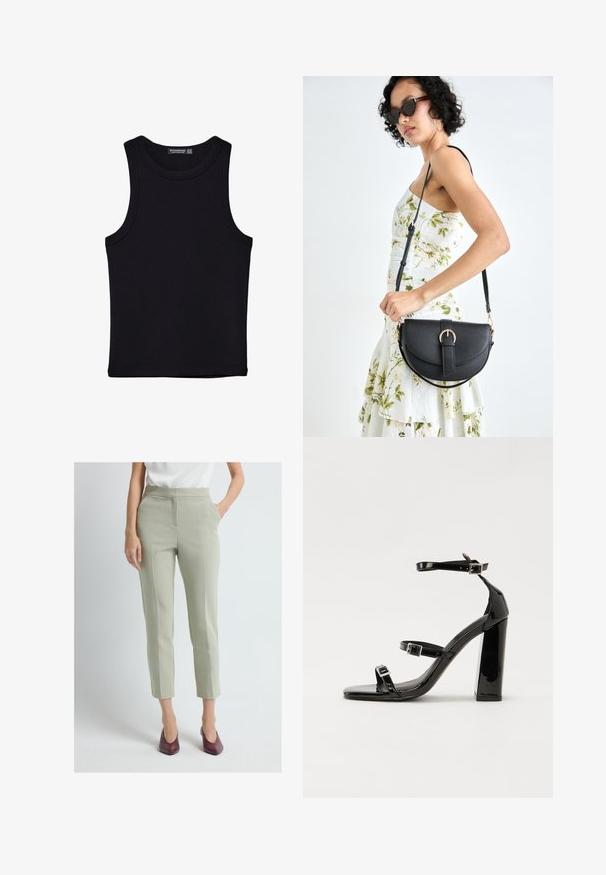 Musta hihaton paita, joka on valmistettu puuvillasta, ja jossa on pyöreä kaula-aukko sekä leveät kainaloaukot. Silkkinen pinta ja ommellut reunat. Klassinen, minimalistinen muotoilu.; Nainen, joka on pukeutunut vaaleanvihreisiin slim-fit nilkkahousuihin, valkoiseen toppiin ja burgundinpunaisiin korkokenkiin, seisoo yksi käsi taskussa.; Musta kiiltävä korkokenkä sandaalit neliönmuotoisella varpaalla, nilkkaremmillä ja hopeisilla soljilla. Varustettu tukevalla lohkokorkealla vakauden takaamiseksi.; Musta nahkainen käsilaukku, joka on kaareva muotoilultaan, irrotettavalla hihnalla ja kultaisilla yksityiskohdilla. Laukussa on läppä, jossa on solk yksityiskohta.