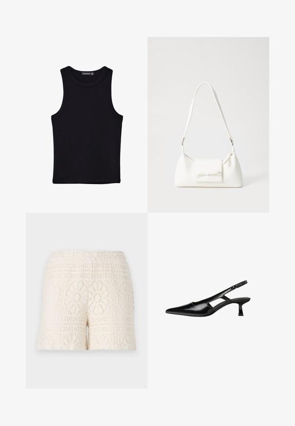Čierny tank top vyrobený z bavlny, s okrúhlym výstrihom a širokými ramienkami. Hladká textúra so zošitými okrajmi. Klasický, minimalistický dizajn.; Krajkové šortky v krémovej farbe s jemnými kvetinovými vzormi a elastickým pásom, ktoré prezentujú textúrovaný otvorený pletený dizajn.; Čierne lakované kožené lodičky na podpätku s špicatou špičkou, výrezovým dizajnom na boku a malým štvorcovým podpätkom. Hladký povrch s minimálnymi akcentmi.; Biela syntetická kabelka s trojuholníkovým tvarom, plochým predným klapkou a detailom mašle, nastaviteľným popruhom, hladkou textúrou a minimalistickým dizajnom.