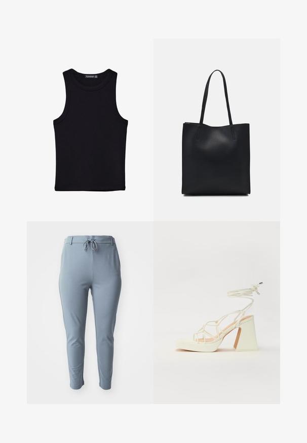 Črna majica brez rokavov iz bombaža, z okroglim izrezom in širokimi odprtinami za roke. Gladka tekstura s šivi na robovih. Klasičen, minimalističen dizajn.; Svetlo modri, raztegljivi hlače s ozkim krojem, elastičnim pasom in nastavljivo vrvico. Ima stranske žepe in gladko teksturo.; Bela sandala na visokih petah s debelim petam, ki ima obliko trakcev in vezanje okoli gležnja. Gladka tekstura z platformo spredaj za dodatno višino.; Črna usnjena torba s svilnato teksturo, pravokotne oblike in dvema dolgima ročajema. Brez vidnih metalnih delov ali okrasnih elementov.