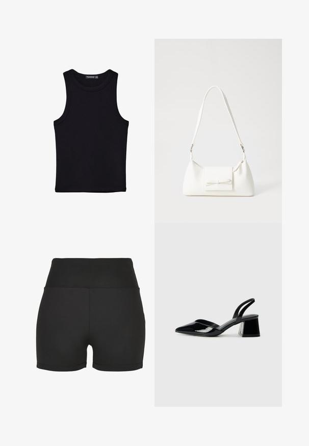 Černý top na ramínka vyrobený z bavlny, s kulatým výstřihem a širokými průramky. Hladká textura s prošitými lemy. Klasický, minimalistický design.; Černé atletické kraťasy s vysokým pasem vyrobené z hladkého, elastického materiálu. Mají hladké švy a přiléhavý design, ideální pro sportovní oblečení.; Černé lakované kožené lodičky na pásku s špičatou špičkou a geometrickým blokovým podpatkem. Vyznačují se elegantním, minimalistickým designem a hladkým povrchem.; Bílá syntetická kabelka v trojúhelníkovém tvaru, s plochým předním klopným víkem a detailem mašle, nastavitelným popruhem, hladkým povrchem a minimalistickým designem.
