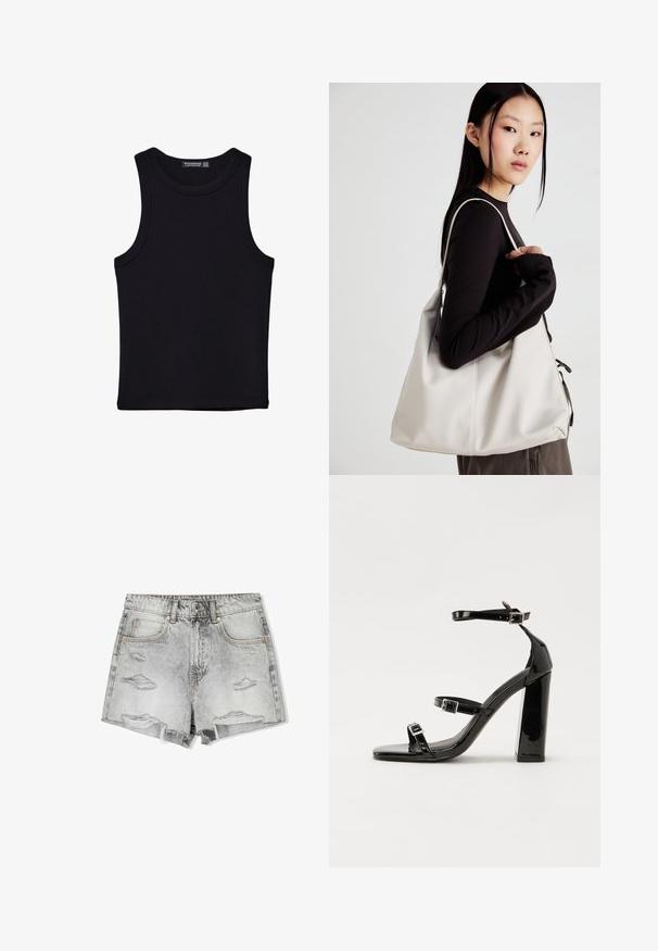 Crni top bez rukava od pamuka, s okruglim izrezom i širokim izrezima za ruke. Glatka tekstura s ušivenim rubovima. Klasičan, minimalistički dizajn.; Traper šortsevi u izblijedjeloj sivoj boji s oštećenim detaljima. Imaju poderani rub, dva prednja džepa i mesinganu opremu za zatvaranje.; Crne lakirane sandale na pete sa kvadratnim nosom, trakama oko gležnja i srebrnim kopčama. Imaju čvrst blok petu za stabilnost.; Bežna torba od mekog materijala s opuštenim dizajnom, šivanim detaljima i dva remena za rame. Pogodna za svakodnevnu upotrebu.