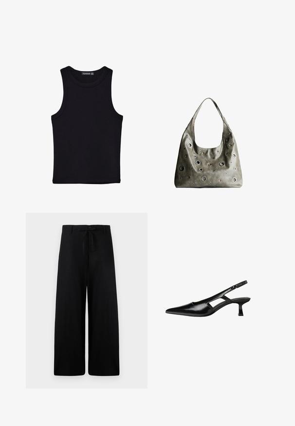Crni top bez rukava od pamuka, s okruglim izrezom i širokim izrezima za ruke. Glatka tekstura s ušivenim rubovima. Klasičan, minimalistički dizajn.; Široke crne lanene hlače s pojasom za stezanje i kopčanjem na dugme. Imaju glatku teksturu i lepršavi kroj.; Crne lakirane natikače na remenčić sa špicastim nosom, dizajnom sa izrezima sa strane i malim kvadratnim potplatom. Glatka tekstura s minimalnim akcentima.; Maslinasto zeleni kožni ručni kovčeg s opuštenim dizajnom, s raznim kružnim izrezima različitih veličina i naglascima u tamnijim i svjetlijim nijansama.