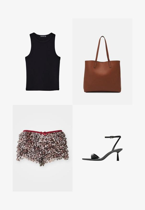 Svart linne i bomull, med rund halsringning och breda armhål. Slät yta med sydda fållar. Klassisk, minimalistisk design.; Blommig leopardsmönstrad shorts med lager av volanger, med ett rött spetsmidjeband och en liten rosettaccent framtill.; Bershka Sandaletter - black; Brun läder tote-väska med en slät textur, öppen toppdesign och två axelremmar. Har minimal söm och ingen synlig metalldetalj.
