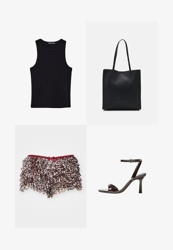 Canotta nera in cotone, caratterizzata da un colletto rotondo e ampi giromanica. Texture liscia con orli cuciti. Design classico e minimalista.; Shorts a stampa leopardata floreale con volant sovrapposti, caratterizzati da una vita in pizzo rosso e un piccolo fiocco decorativo sulla parte frontale.; Sandalini con tacco alto in pelle verniciata marrone, con cinturino alla caviglia, punta aperta e un design elegante e minimalista. Presentano un tacco quadrato.; Borsa tote in pelle nera con texture liscia, forma rettangolare e due manici lunghi. Nessun hardware o decorazione visibile.
