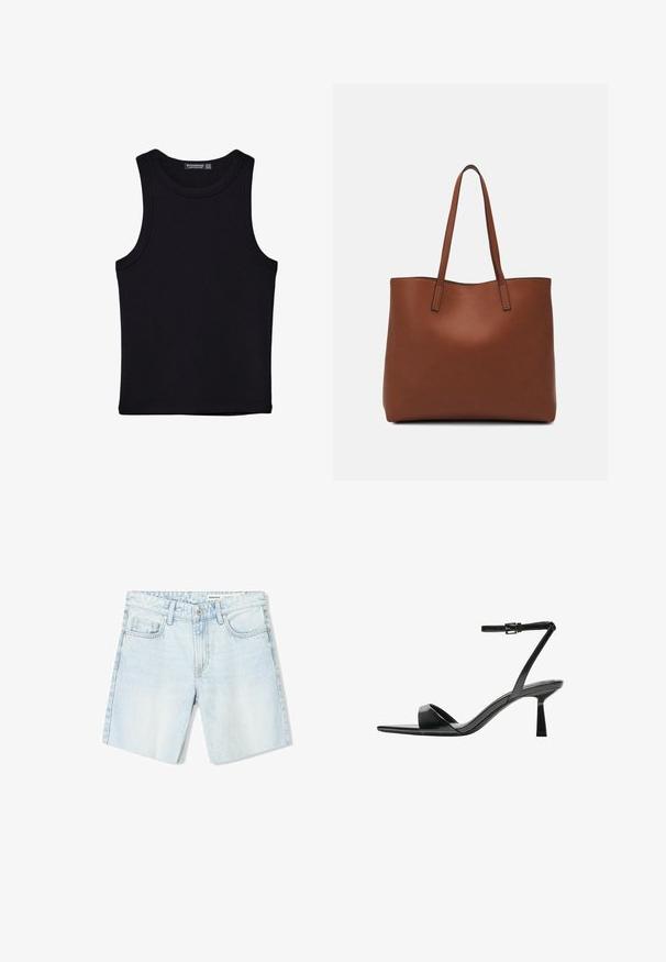 Černý top na ramínka vyrobený z bavlny, s kulatým výstřihem a širokými průramky. Hladká textura s prošitými lemy. Klasický, minimalistický design.; Světle modré denimové šortky mají klasický střih, pět kapes, zapínání na knoflík a roztrhané lemy. Materiál vypadá měkce s vybledlým povrchem.; Bershka Sandály na vysokém podpatku - black; Hnědá kožená taška přes rameno s hladkou texturou, otevřeným designem a dvěma ramenními popruhy. Obsahuje minimální švy a žádné viditelné kovové prvky.