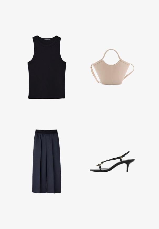 Schwarzes Tanktop aus Baumwolle mit rundem Halsausschnitt und weiten Armöffnungen. Glatte Textur mit genähten Säumen. Klassisches, minimalistisches Design.; Dunkelblaue weite Hosen mit einem schwarzen elastischen Bund, ausgestattet mit frontalen Falten und einem glatten, strukturierten Stoff.; Schwarze Leder-Kitten-Heel-Sandale mit dünnen Riemen, goldener Schnalle und minimalistischer Zehen-Schlaufe vor einem weißen Hintergrund.; Beige Lederhandtasche mit einer einzigartigen Form, die zwei kurze Henkel und einen langen verstellbaren Riemen aufweist. Glatte Textur mit minimalen Hardware-Elementen.
