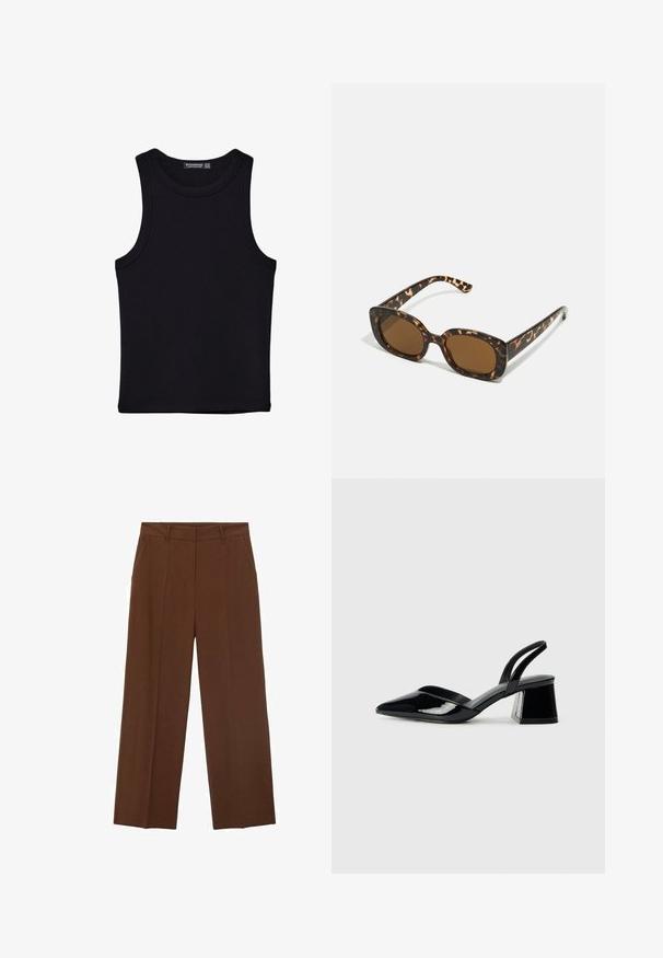 Čierny tank top vyrobený z bavlny, s okrúhlym výstrihom a širokými ramienkami. Hladká textúra so zošitými okrajmi. Klasický, minimalistický dizajn.; Hnedé široké nohavice vyrobené z hladkej látky s vysokým pásom, s prednými vreckami a upraveným záhybom vpredu.; Čierne lakované kožené sandálové podpätky s špicatou špičkou a geometrickým blokovým podpätkom. Disponujú elegantným, minimalistickým dizajnom a hladkým povrchom.; Slnečné okuliare v tortoiseshell štýle s okrúhlym, robustným rámom a hnedými šošovkami. Má jemné vzory a rovné, zoštíhlené ramená.; Hnedá semišová taška na rameno s mäkkou textúrou, veľkým otvorom a dlhými popruhmi. Má jednoduchý dizajn s viditeľným šitím a bez kovových prvkov.