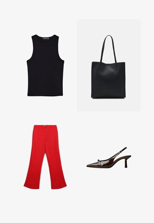 Schwarzes Tanktop aus Baumwolle mit rundem Halsausschnitt und weiten Armöffnungen. Glatte Textur mit genähten Säumen. Klassisches, minimalistisches Design.; Rote, aus glattem Stoff gefertigte, ausgestellte Hosen. Mit einem Knopfverschluss vorne und Gürtelschlaufen. Genähte Nähte entlang der Beine.; Braune Lackleder-Slingback-Schuhe mit spitzem Zehenbereich, niedrigem Absatz und einer dekorativen Schleifenakzent an der Vorderseite. Glatte, glänzende Textur.; Schwarze Laptoptasche aus Leder mit glatter Textur, rechteckiger Form und zwei langen Griffen. Keine sichtbaren Beschläge oder Verzierungen.
