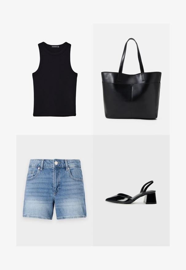Black tank top made of cotton, featuring a round neckline and wide armholes. Smooth texture with stitched hems. Classic, minimalist design.; Denim shorts in light blue wash, featuring a high waist, five pockets, front button, and a straight leg cut with slightly frayed hems.; Black patent leather slingback heels with a pointed toe and a geometric block heel. Features a sleek, minimal design and smooth texture.; Black leather tote bag with two long handles, a smooth texture, and a structured shape. Features a front pocket for additional storage.