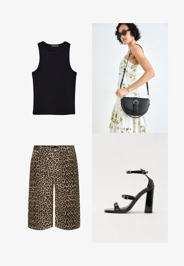 Svart linne i bomull, med rund halsringning och breda armhål. Slät yta med sydda fållar. Klassisk, minimalistisk design.; Pieces PCSALUME WIDE - Jeansshorts - white pepper; Svarta lackerade högklackade sandaler med två spännband, fyrkantig tå och en tjock klack, med en slät och glansig yta.; Svart läderhandväska med en böjd form, avtagbar rem och guldiga detaljer. Väskan har ett lock med en spänndetalj.