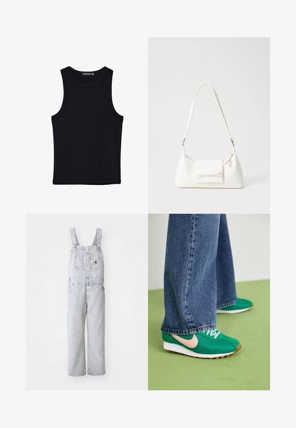 Svart linne i bomull, med rund halsringning och breda armhål. Slät yta med sydda fållar. Klassisk, minimalistisk design.; Grå denimoverall med justerbara remmar, en framlapp och sidfickor; lös, rak benform; blekt tvätt med minimal textur.; Gröna sportskor med rosa swoosh, snörningsdesign, textilväv och vita gummisulor. Kombineras med vida blå denimbyxor.; Vit syntetisk handväska med triangulär form, platt framklaff och rosettdetalj, justerbar rem, slät textur och minimalistisk design.
