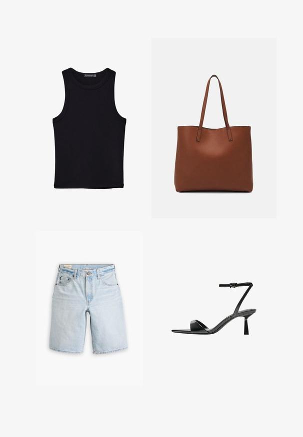 Svart linne i bomull, med rund halsringning och breda armhål. Slät yta med sydda fållar. Klassisk, minimalistisk design.; Ljusblå denimshorts med rak passform, fyrkantig design med fem fickor, bälteslyft och knappstängning. Mjuk textur med blekta områden.; Bershka Sandaletter - black; Brun läder tote-väska med en slät textur, öppen toppdesign och två axelremmar. Har minimal söm och ingen synlig metalldetalj.