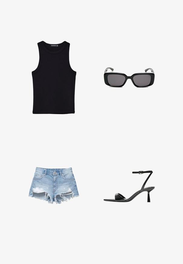 Črna majica brez rokavov iz bombaža, z okroglim izrezom in širokimi odprtinami za roke. Gladka tekstura s šivi na robovih. Klasičen, minimalističen dizajn.; Svetlo modri jeansi kratke hlače z raztrganimi robovi in obrabljenimi detajli. Imajo standardne žepke in kovinsko zapiranje na gumb.; Bershka Sandali z visoko peto - black; Črne pravokotne sončne očala z temnimi lečami, gladkim plastičnim okvirjem in ukrivljenimi nogicami. Oblika je robustna in minimalistična.