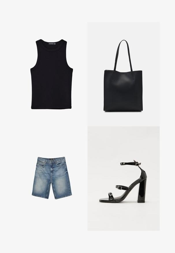 Schwarzes Tanktop aus Baumwolle mit rundem Halsausschnitt und weiten Armöffnungen. Glatte Textur mit genähten Säumen. Klassisches, minimalistisches Design.; Hellblaue Denim-Shorts mit einem Bund und Gürtelschlaufen, fünf Taschen und einem leicht verblassten Finish für einen abgetragenen Look.; Schwarze Lackleder-Sandalen mit hohen Absätzen, zwei Riemen mit Schnallen, quadratischer Zehenpartie und klobigem Blockabsatz, mit einer glatten, glänzenden Textur.; Schwarze Laptoptasche aus Leder mit glatter Textur, rechteckiger Form und zwei langen Griffen. Keine sichtbaren Beschläge oder Verzierungen.