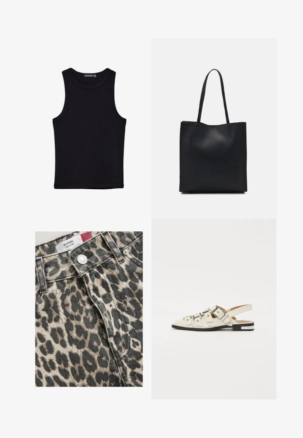 Schwarzes Tanktop aus Baumwolle mit rundem Halsausschnitt und weiten Armöffnungen. Glatte Textur mit genähten Säumen. Klassisches, minimalistisches Design.; Mid-rise Jeans mit Leopardenmuster aus Denim, die eine Mischung aus Beige und Schwarz enthalten; mit einem Metallknopf und vorderem Verschluss.; Slingback-Sandalen aus weißem Leder mit mehreren breiten Riemen und silbernen Schnallen; flache Sohle mit kleinem schwarzem Absatz und metallischen Akzenten.; Schwarze Laptoptasche aus Leder mit glatter Textur, rechteckiger Form und zwei langen Griffen. Keine sichtbaren Beschläge oder Verzierungen.