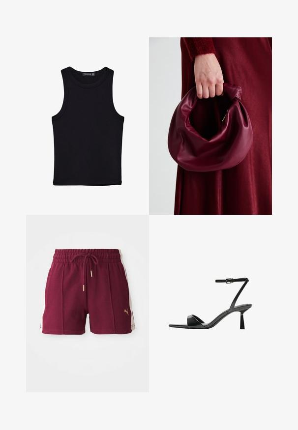 Débardeur noir en coton, avec un col rond et des emmanchures larges. Texture lisse avec des ourlets cousus. Design classique et minimaliste.; Shorts de sport bordeaux en tissu texturé, avec une taille élastique, un cordon de serrage et des panneaux latéraux crèmes comportant un détail de logo doré.; Bershka Sandales à talons hauts - black; Sac à main en cuir bordeaux au design doux et froncé, avec une forme arrondie. La poignée est fixée, mettant en valeur une texture lisse.