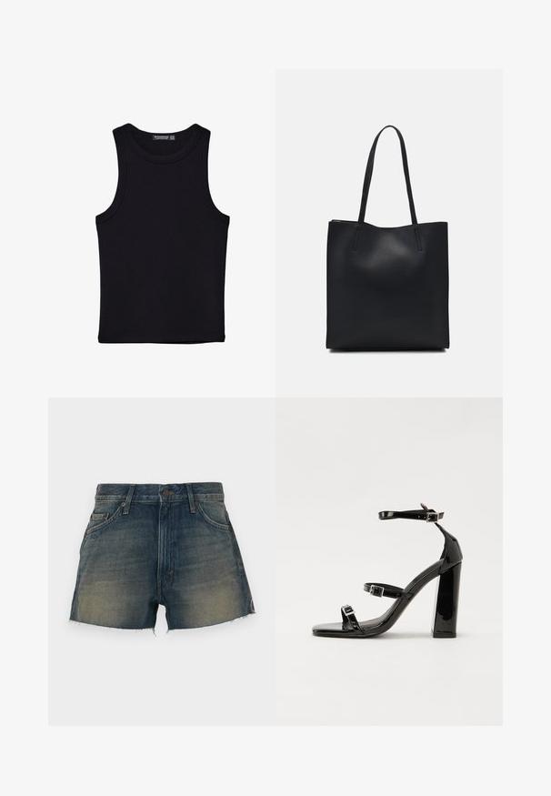 Sort tank top lavet af bomuld, med rund halsudskæring og brede armhuller. Glat tekstur med syede kanter. Klassisk, minimalistisk design.; Mørkeblå denim shorts med en falmet vask. Har knaplukning, fem lommer og frynset kant. De rå kanter tilføjer struktur.; Sorte laklædersandaler med høje hæle, to spænderemme, firkantet tå og en kraftig blokhæl, der har en glat, blank overflade.; Sort læder tote taske med glat tekstur, rektangulær form og to lange hanke. Ingen synlig hardware eller udsmykninger.