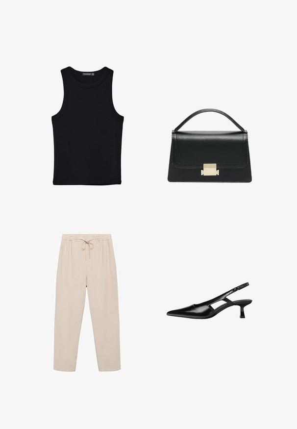 Črna majica brez rokavov iz bombaža, z okroglim izrezom in širokimi odprtinami za roke. Gladka tekstura s šivi na robovih. Klasičen, minimalističen dizajn.; Bež hlače iz lahkega materiala z elastičnim pasom, nastavljivimi vrvicami in stranskimi žepi. Narejene so iz gladkega, mehkega blaga.; Črne patentični usnjeni salonarji s slingback designom, z zašiljenim nosom, izrezanim stranskim dizajnom in majhnim kvadratnim peto. Gladka tekstura z minimalnimi detajli.; Črna usnjena torbica z strukturiranim dizajnom, zgornjim ročajem in zlate kovinske sponke na sprednji strani. Gladka tekstura, minimalno šivanje.