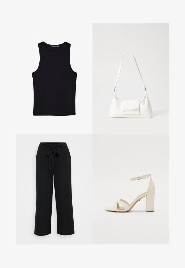 Črna majica brez rokavov iz bombaža, z okroglim izrezom in širokimi odprtinami za roke. Gladka tekstura s šivi na robovih. Klasičen, minimalističen dizajn.; Črne široke hlače iz mehkega materiala. Imajo sprednji pas z vezavo, naborke in obrobljene manšete, kar zagotavlja sproščen videz.; Beige sandale s peto, kvadratnimi nosom, prečnimi trakovi, trakovi okoli gležnja s sponko in debelim petnim delom. Gladka usnjena tekstura.; Bela sintetična torbica v obliki trikotnika, z ravnim sprednjim poklopcem in detajlom mašne, nastavljivim trakom, gladko teksturo in minimalističnim dizajnom.