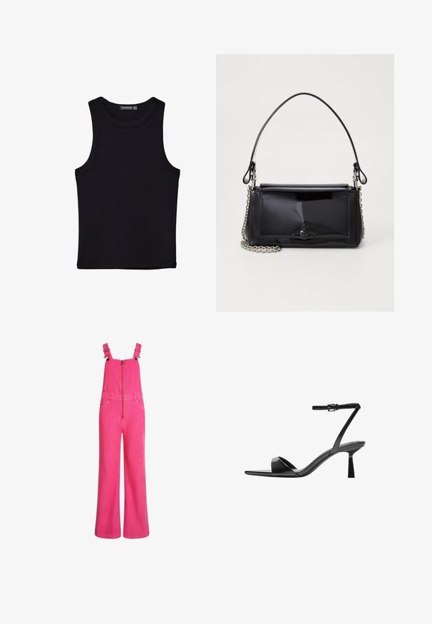 Črna majica brez rokavov iz bombaža, z okroglim izrezom in širokimi odprtinami za roke. Gladka tekstura s šivi na robovih. Klasičen, minimalističen dizajn.; Svetlo roza široke kordurojske naramnice s nastavljivimi ramenskimi trakovi, sprednjim zadrgo in stranskimi žepi, prikazane na beli podlagi.; Bershka Sandali z visoko peto - black; Črna lakirana usnjena torbica pravokotne oblike, s verižnim trakom in značilnim kovinskim detajlom na sredini. Gladka textura.