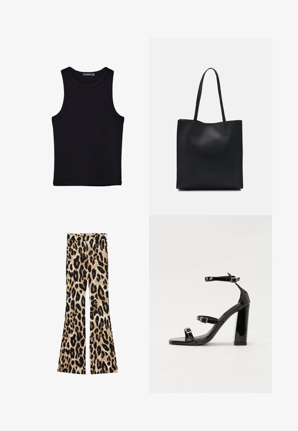 Crni top bez rukava od pamuka, s okruglim izrezom i širokim izrezima za ruke. Glatka tekstura s ušivenim rubovima. Klasičan, minimalistički dizajn.; Široke hlače s uzorkom tigra u crnim i smeškim tonovima, rebrastom teksturom i visokim strukom.; Crne lakirane sandale na visoku petu s dva remena s kopčama, kvadratnim vrhom i masivnom blok petom, s glatkom, sjajnom teksturom.; Crna kožna torba za nošenje s glatkom teksturom, pravokutnim oblikom i dvije duge ručke. Nema vidljivih metalnih dijelova ili ukrasa.