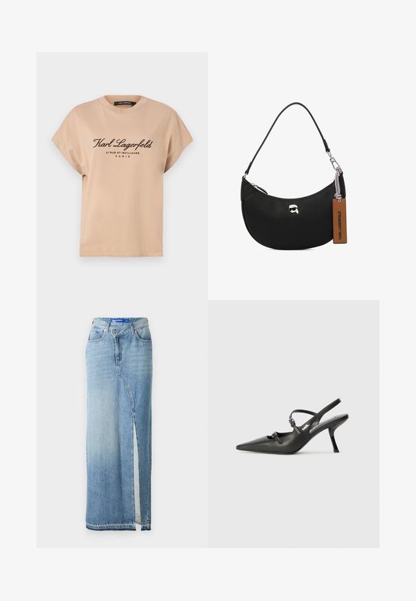 Μπεζ βαμβακερό μπλουζάκι με στρογγυλή λαιμόκοψη, κοντά μανίκια και εκτυπωμένο μαύρο κείμενο μπροστά, που περιλαμβάνει το όνομα της επωνυμίας και λεπτομέρειες τοποθεσίας.; Ανοιχτό μπλε τζιν μάξι φούστα με μπροστινό άνοιγμα, κλείσιμο με κουμπιά, θηλιές για ζώνη και ξεθωριασμένες λεπτομέρειες σε απλό φόντο.; Μαύρες δερμάτινες γόβες slingback με μυτερή μύτη, λεπτό τακούνι και διακοσμητική αγκράφα στο επάνω μέρος. Λείος υφής και κομψός σχεδιασμός.; Μαύρη δερμάτινη τσάντα χειρός με υφή βότσαλου, καμπυλωτό σχήμα, κλείσιμο με φερμουάρ στην κορυφή, ασημένια μεταλλικά μέρη και καφέ ετικέτα. Έχει χαρακτηριστικό λογότυπο.