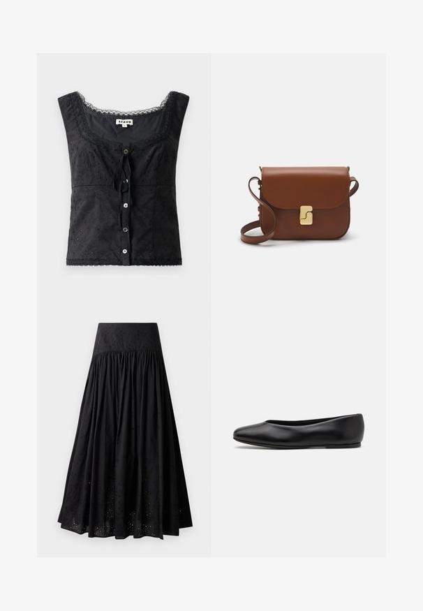 Black sleeveless top with floral embroidery, scoop neckline, button closure, and lace trim details. Features a tie at the front.; Black maxi skirt made of cotton with an embroidered waistband. Features gathered fabric and eyelet detailing along the hem.; Paul Smith TOPANGA - Ballet pumps - black; Brown leather handbag with a flap closure, gold-tone hardware, a shoulder strap, and a smooth texture. Compact rectangular shape.
