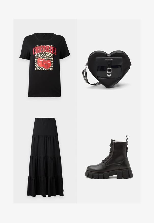 Must ülikergete lühikeste varrukatega must T-särk, millel on leopardimustriga ruut, mille sees on punased kirsiid ja "CHERRIES" tekst paksude punaste tähtedega. Sile puuvillane kangas.; Mustmustel mustriba, mis on valmistatud pehmest kangast, omab kihtide disaini elastse vöökoha ja volangiliste aktsentidega hemars. ; Mustad mustad nahast pahkluu saapad paksu kummist tallaga, ümarate varvastega, nööridega ees, ning tagaküljel tõmbelint, et neid saaks kergesti jalga panna.; Mustast südamekujulise kotiga, mis on valmistatud lakitud nahast. Ees on tasku, millel on klambri sulgemine ja eemaldatav rihm. Hõbedased detailid.