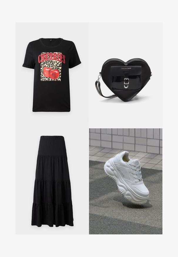 Svart T-skjorte med kort erm som har et leopardmønstret kvadrat med røde kirsebær og teksten "CHERRIES" i fete røde bokstaver. Glatt bomullsstoff.; Sorte maxiskjørt laget av mykt stoff, med et lagdelt design, elastisk midjebånd og volanger ved kanten.; Hvite lær sneakers med tykk såle, teksturert detaljering og snøring. Har formede detaljer og en glatt overflate.; Sorte hjerteformet veske laget av patentlær med en frontlomme som har spenne-lukking og avtagbar stropp. Sølvfargede detaljer.