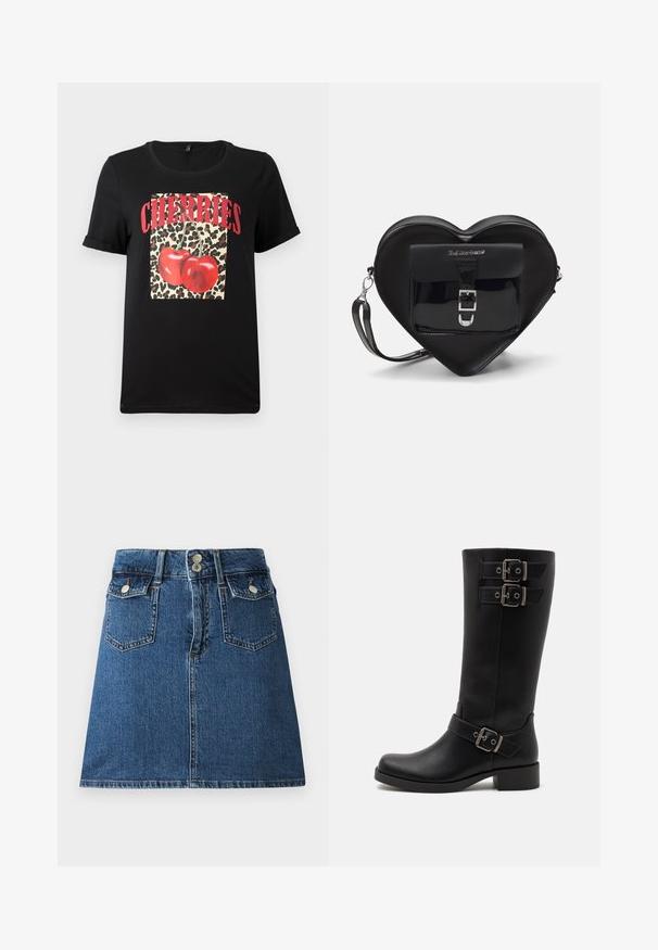 Juodas trumpas rankovės T-shirt su leopardų raštu kvadratu, raudonomis vyšniomis ir „CHERRIES“ tekstu bold raudonomis raidėmis. Lygus medvilnės audinys.; Tamsiai mėlyna džinsinė sijonas, kuriame yra prigludusi juosmens dalis, dvi priekines kišenes, dvi galines kišenes ir sidabro atspalvio mygtukų uždarymai.; Juodos odinės stilingos iki kelių boots, su dviem sidabriniais užtrauktukais ir blokuota aukšta pakulne. Dizainas yra modernus ir elegantiškas.; Juodas širdelės formos maišelis, pagamintas iš lakinės odos, su priekinėmis kišenėmis, uždarančiomis sagtimi ir nuimamu dirželiu. Sidabro spalvos detalės.
