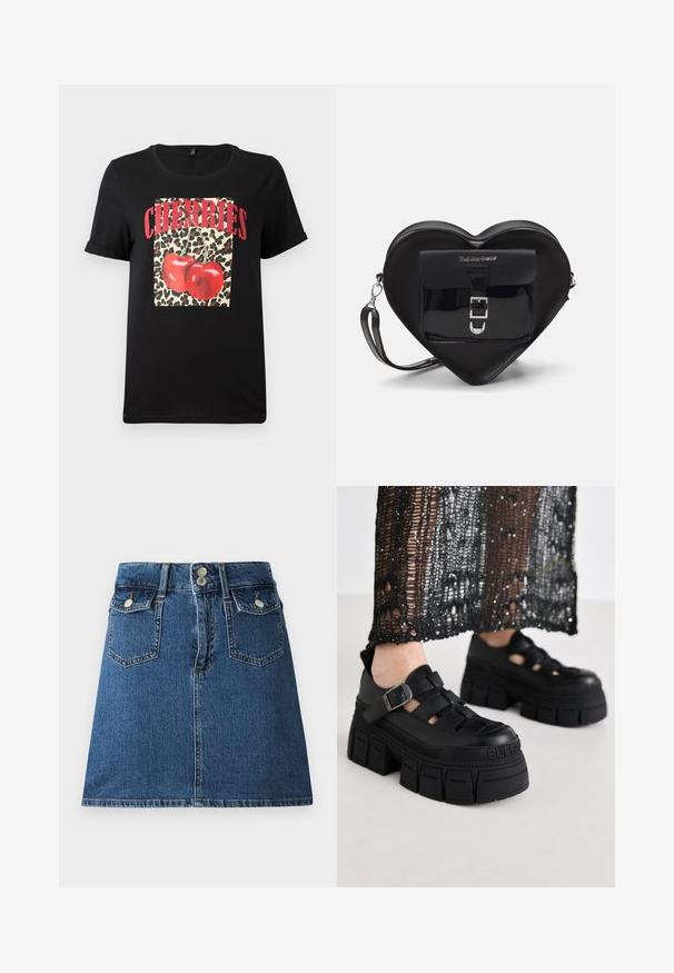 Melna T-kreklu ar īsām piedurknēm, kas lepojas ar leopardu raksta kvadrātu, ap kuru ir sarkanas ķirsīšu un vārdi "CHERRIES" izceltos sarkanos burtiem. Gluda kokvilnas auduma.; Tumši zili džinsu svārki ar pieguļošu jostasvietu, divām priekšējām kabatām, divām aizmugurējām kabatām un sudraba krāsas pogām.; Melni platforma sērijas sandales ar masīvu dizainu, kurām ir platie siksnas un sānu sprādze. Izgatavotas no teksturēta gumijas ar logotipa detaļu.; Melnas sirdshape formas somiņa, izgatavota no lakotas ādas, ar priekšējo kabatu, kurai ir sprādzes aizdare un noņemama siksna. Sudraba krāsas furnitūra.
