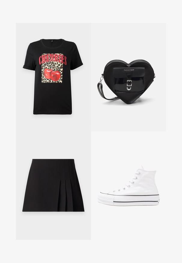 Zwarte T-shirt met korte mouwen, voorzien van een vierkant met leopardprint en rode kersen, met de tekst "CHERRIES" in vette rode letters. Glad katoen.; Zwarte geplisseerde minirok van soepele stof. Heeft een aansluitende tailleband en subtiele stiksels langs de plooien voor textuur.; Witte high-top canvas sneakers met een zwarte rubberen zool, een rubberen neuskap aan de voorkant en zes gaatjes voor veters, met een schone, minimalistische uitstraling.; Zwarte hartvormige tas van patenta leder met een voorvak met een gesp-sluiting en een afneembare schouderriem. Accenten van zilver hardware.