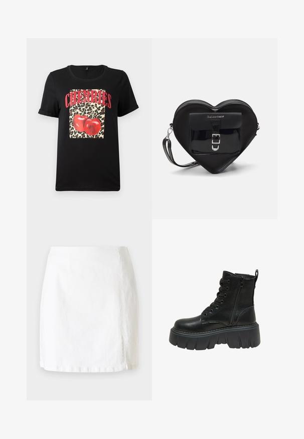 Črna majica s kratkimi rokavi, ki prikazuje kvadrat z leopardjim vzorcem in rdečimi češnjami ter besedilom "ČEŠNJE" v krepkih rdečih črkah. Gladek bombaž.; Bela denim mini krila s ravnim krojem, ki vključuje majhno stransko odprtino in čiste šive za minimalistični dizajn.; Črne usnjene gležnarje s debelim platformiranim podplatom, ki imajo vezalni del spredaj in stranski zadrgo za enostavno obuvanje. Teksturna obdelava vzdolž podplata.; Črna torbica v obliki srca, izdelana iz lakirane usnje, s sprednjim žepom, ki se zapira z zaponko, in snemljivim trakom. Srebrni dodatki.