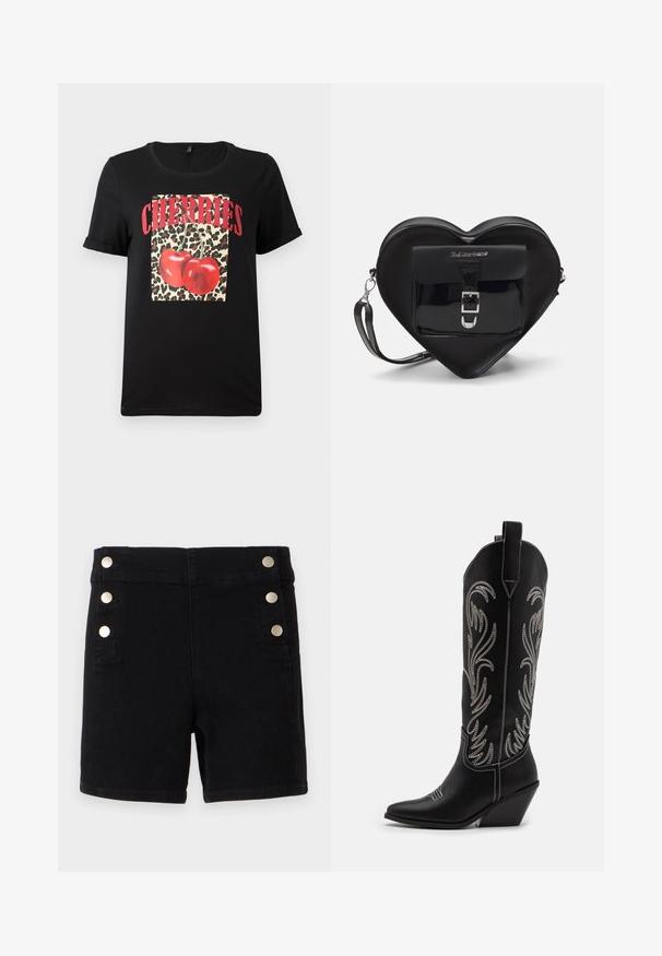 Camiseta negra de manga corta con un cuadrado de estampado de leopardo y cerezas rojas, y el texto "CHERRIES" en letras rojas en negrita. Tela de algodón suave.; Pantalones cortos de mezclilla negra con cintura alta, con botones de tono dorado en el costado, diseño de cinco bolsillos y corte recto en el dobladillo.; Botas de cowboy de cuero negro con puntas afiladas, tacones cuña y patrones florales bordados en plata a lo largo del caña. Costuras en contraste por toda la bota.; Bolso negro con forma de corazón, hecho de cuero ecológico, con un bolsillo frontal que presenta un cierre de hebilla y una correa desmontable. Detalles en metal plateado.