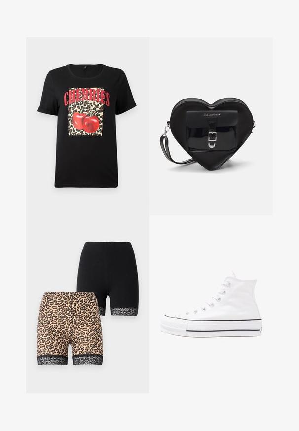 Juodas trumpas rankovės T-shirt su leopardų raštu kvadratu, raudonomis vyšniomis ir „CHERRIES“ tekstu bold raudonomis raidėmis. Lygus medvilnės audinys.; Du dujų šortų poros: vieni juodi vientisi, kiti - smėlio spalvos leopardo rašto su juodu nėriniu apatinėje dalyje. Abu yra vidutinio ilgio.; Balti aukštakulniai drobės sportbačiai su juodu guminio pado, priekinio guminio piršto dangteliu ir šešiais akytėmis raištams, pasižymintys švariu, minimalistiniu dizainu.; Juodas širdelės formos maišelis, pagamintas iš lakinės odos, su priekinėmis kišenėmis, uždarančiomis sagtimi ir nuimamu dirželiu. Sidabro spalvos detalės.