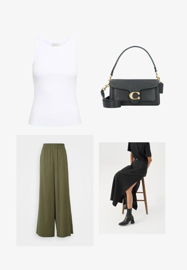 Biały, prążkowany top na ramiączkach z okrągłym dekoltem i bez rękawów. Rozciągliwy materiał i dopasowany krój. Metka z tyłu informuje "GESTUZ."; DRYKORN - Spodnie materiałowe; Czarna lniana spódnica maxi z wysokim rozcięciem, noszona z czarnym t-shirtem i czarnymi botkami sięgającymi kostek. Minimalistyczny design z luźnym krojem.; Czarna skórzana torba na ramię z akcentami w kolorze złotym, wyposażona w charakterystyczne zapięcie, odpinany pasek na ramię oraz teksturowaną powierzchnię.