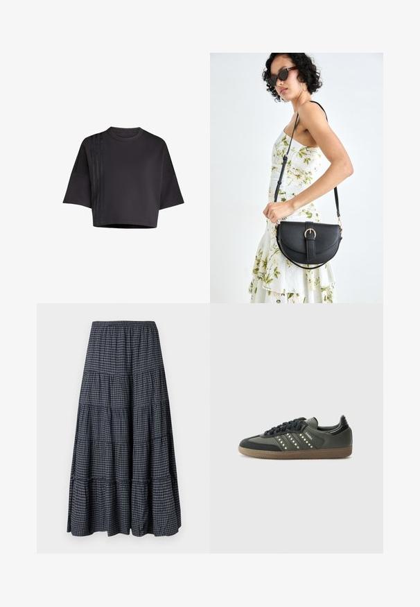 Black cropped t-shirt with a round neck, loose short sleeves, featuring vertical satin stripe accents on the left side. Smooth texture.; Tiered maxi skirt in navy plaid, featuring an elastic waistband, multiple fabric layers, and a soft, textured finish.; adidas Originals SAMBA OG - Trainers - core black/legend earth/gum; Black leather handbag with a curved shape, detachable strap, and gold hardware. The bag features a flap with a buckle detail.