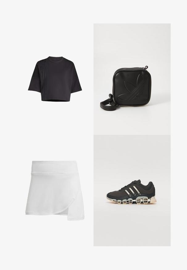 Zwarte cropped t-shirt met een ronde hals, losse korte mouwen, met verticale satijnen streepaccenten aan de linkerkant. Gladde textuur.; Witte sportieve skort van textuurrijke, ademende stof. Heeft een wikkelontwerp met een gladde tailleband en een uitlopende vorm voor optimale bewegingsvrijheid.; Zwarte sportschoen met een gestructureerde bovenkant, drie zilveren strepen en een kenmerkende dempingszool met meerdere geïntegreerde secties.; Zwarte vierkante crossbody tas van gestructureerd synthetisch materiaal. Met een reliëflogo ontwerp en een verstelbare schouderband. Ritssluiting.